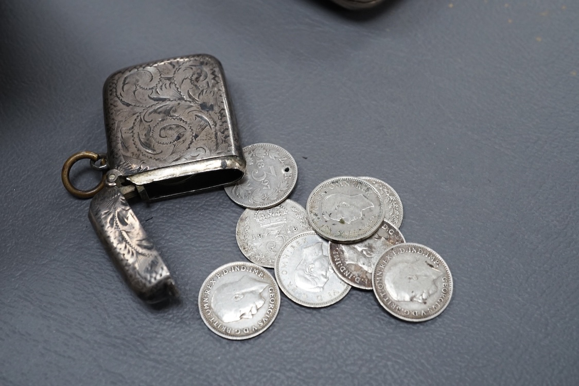 Two silver cigarette cases, including Art Deco, Birmingham, 1942, 87mm and a silver vesta case.